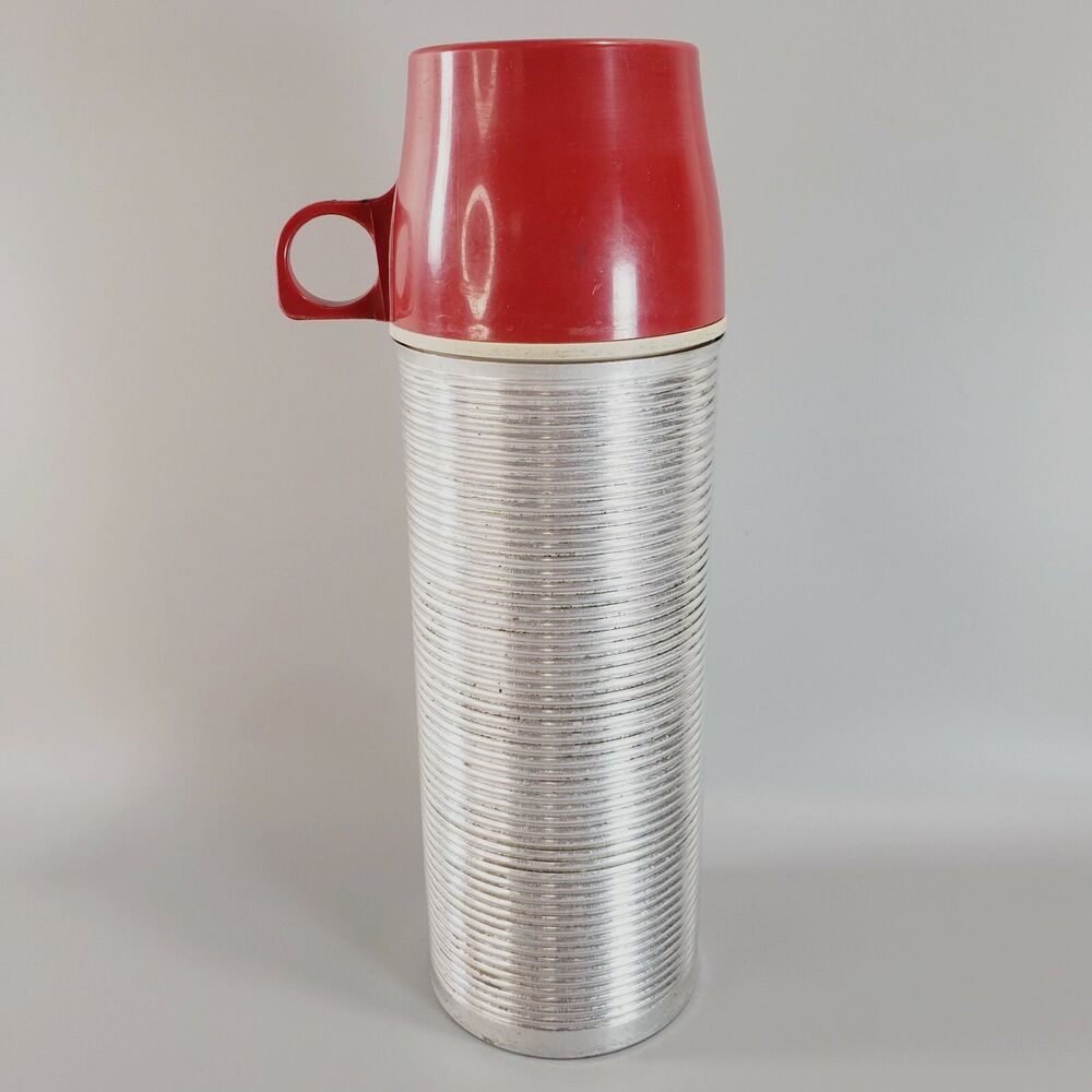 American Thermos Pint Size Ribbed Aluminum Red Cap Glass Insert Travel VTG
